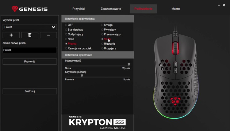 Podświetlenie i aplikacja w myszce do 100 zł, Genesis Krypton 555 - lekka myszka do 100 zł z Kailh GM 4.0