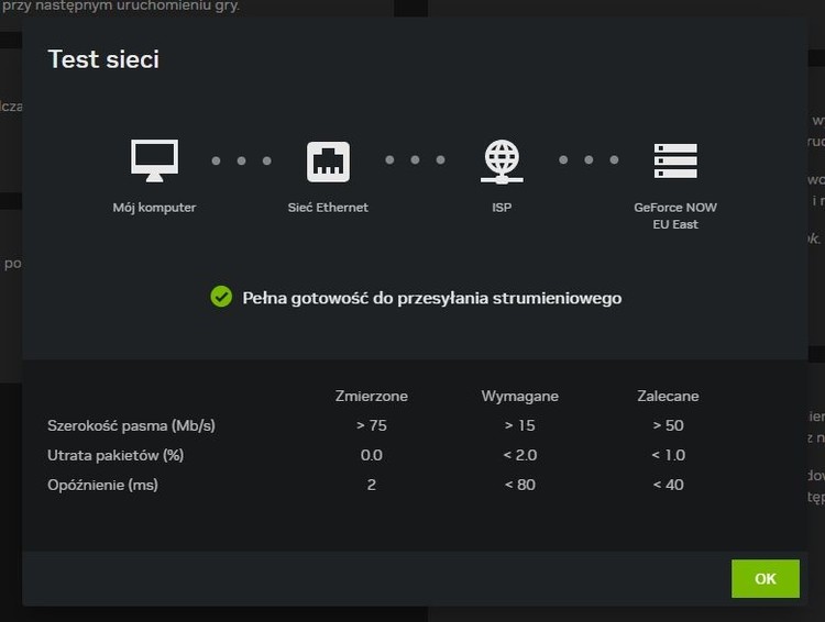 Parametry po podłączeniu do warszawskiego serwera