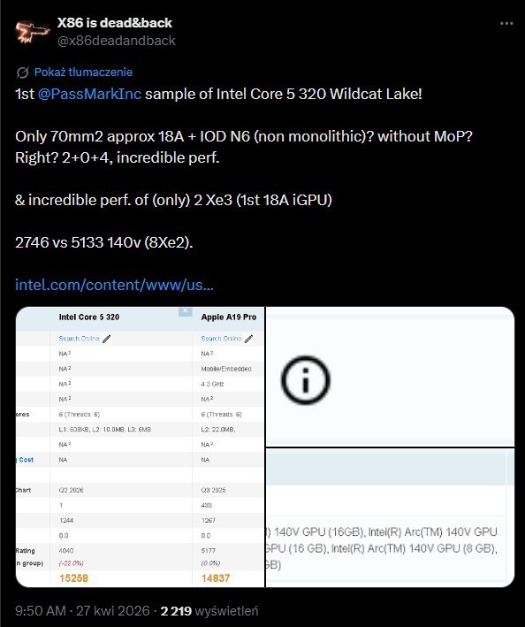 Intel Core 5 320 wyprzedza „MacBooka Neo z A19” w teście wielowątkowym