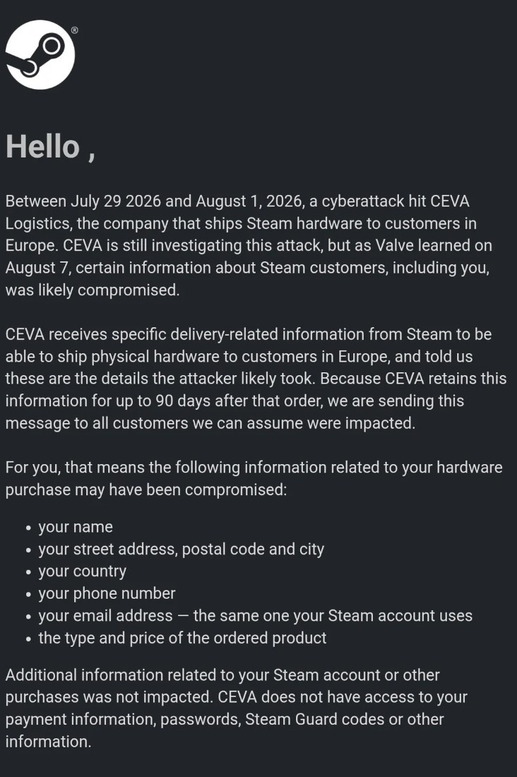 Cyberatak na dane klientów Valve