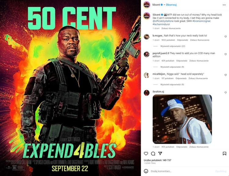50 Cent krytykuje plakat filmu Niezniszczalni 4, Gwiazda Niezniszczalnych 4 wkurzona na swój plakat. „Zabrakło pieniędzy?”