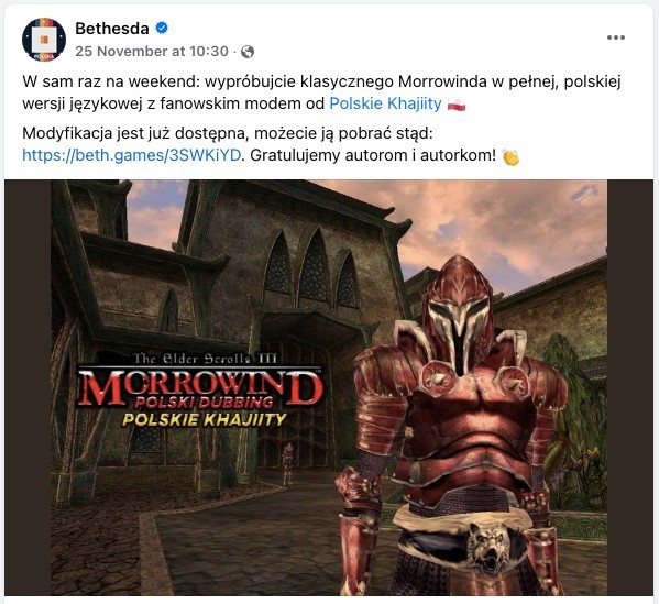 Morrowind po polsku. Bethesda zachęca do gry, Bethesda poleca graczom Morrowinda z fanowską polską wersją językową