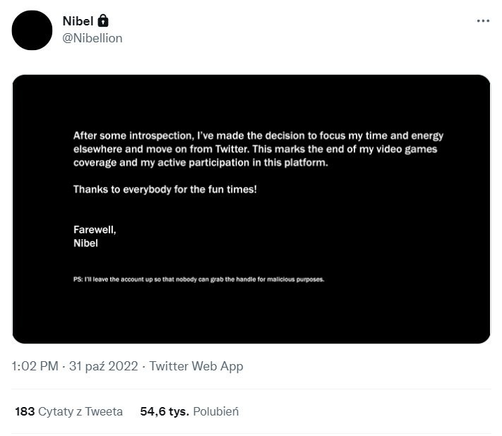 Nibel kończy przygodę z Twitterem, Nibel kończy z Twitterem. Popularne konto o grach rezygnuje przez Elona Muska