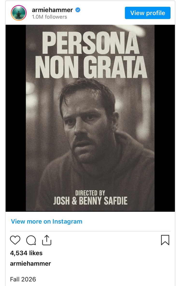 Aktor wymyślił sobie udział w filmie znanych reżyserów, Dlaczego Armie Hammer kłamie, że gra w filmie braci Safdie? Jego Instagram pokazuje fikcyjny plakat