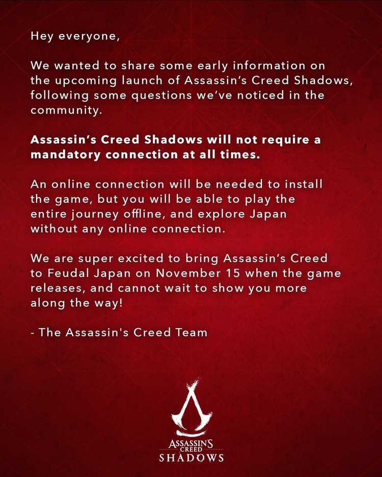 Ubisoft zapewnia, że Assassin’s Creed Shadows nie będzie wymagać połączenia z siecią podczas rozgrywki, Assassin’s Creed Shadows nie będzie wymagać stałego połączenia z siecią