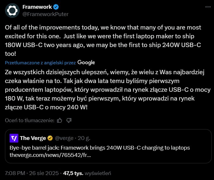 Framework wprowadza zasilacze o mocy 240W