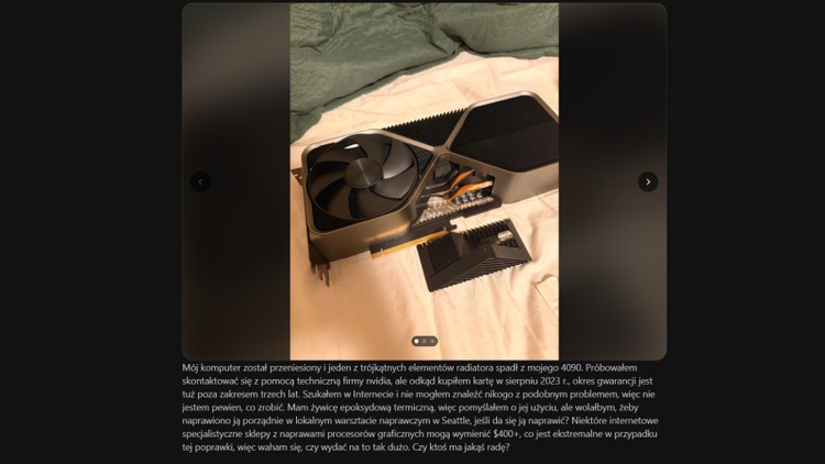 Część chłodzenia odpadła od RTX 4090 Founders Edition