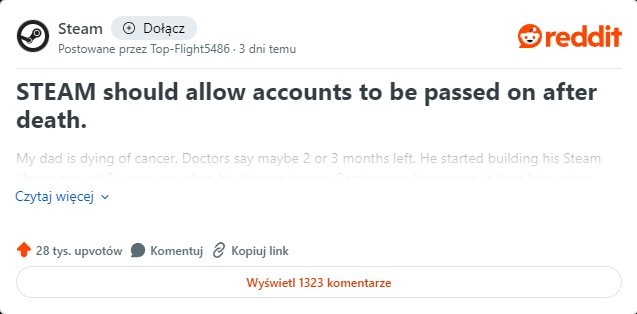 Użytkownicy Steama chcą przekazywania kont po śmierci, Użytkownicy Steama apelują o możliwość przekazywania kont po śmierci graczy