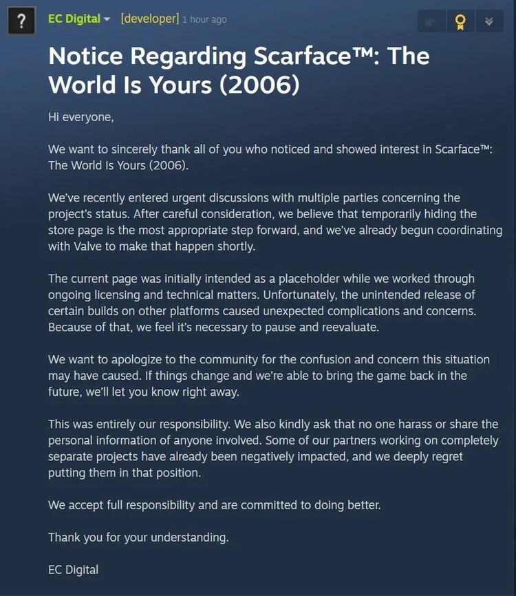 Odpowiedź EC Digital na forum Steam